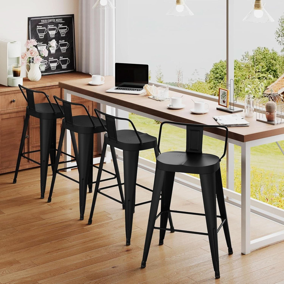 24 Inch Black Outdoor Metal Bar Stools Set of 4 Counter Height Large Ergonomic Seats