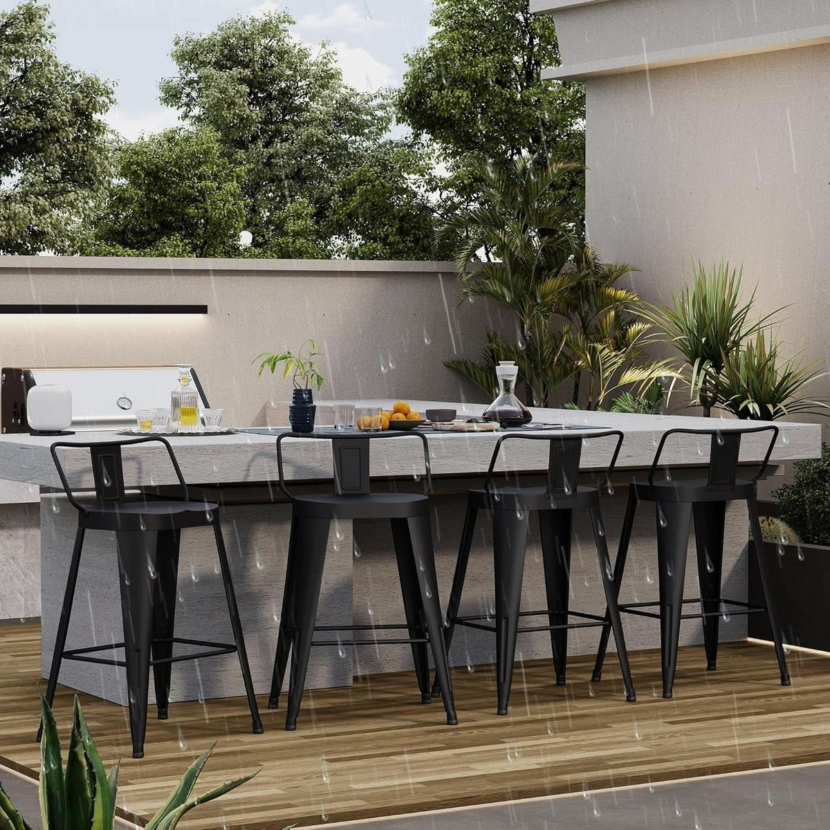 24 Inch Black Outdoor Metal Bar Stools Set of 4 Counter Height Large Ergonomic Seats