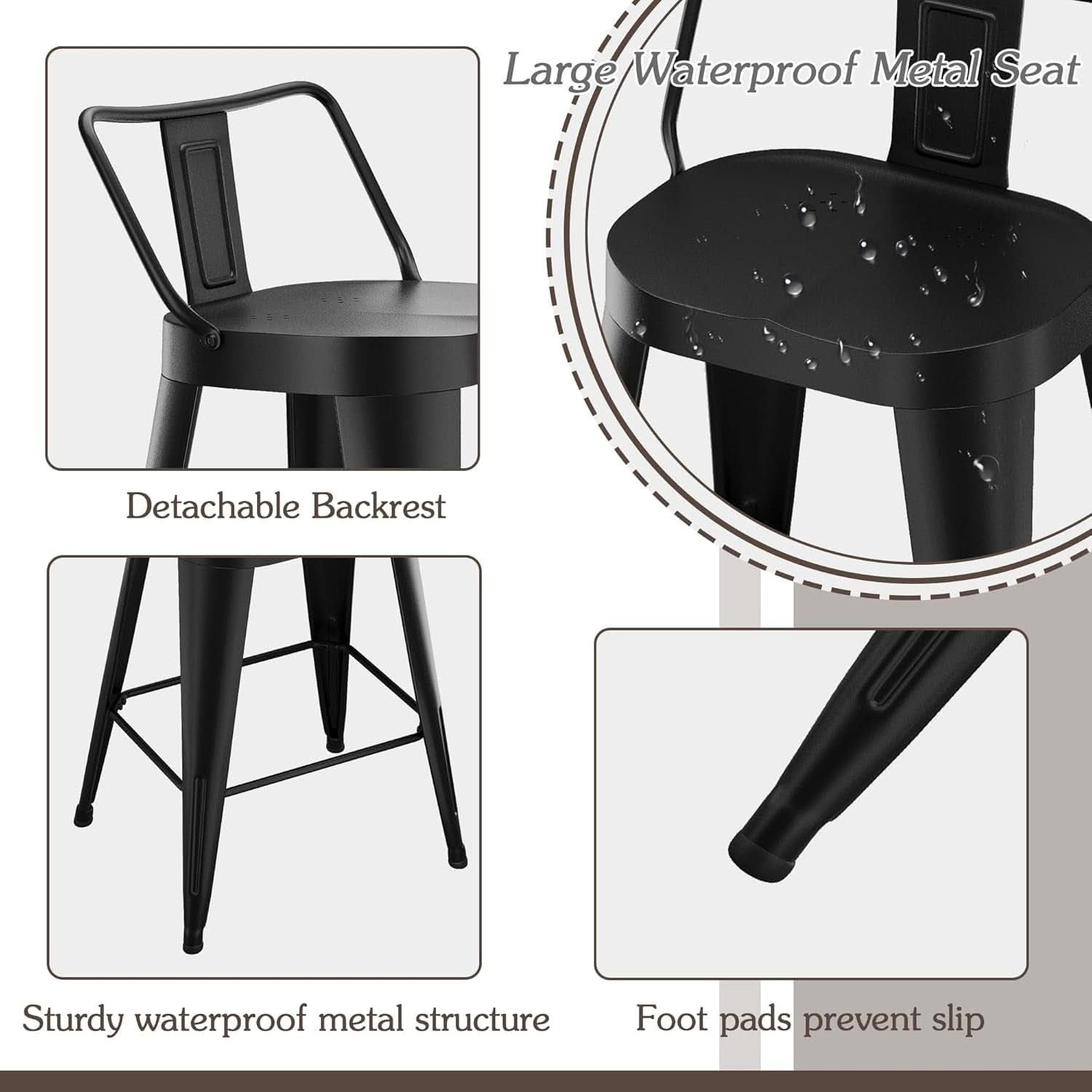 24 Inch Black Outdoor Metal Bar Stools Set of 4 Counter Height Large Ergonomic Seats
