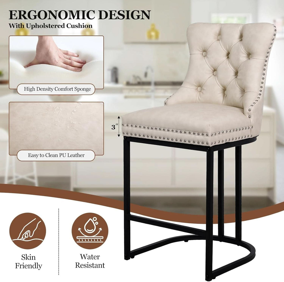 24 Inch Counter Height Bar Stools Beige With Back Faux Leather