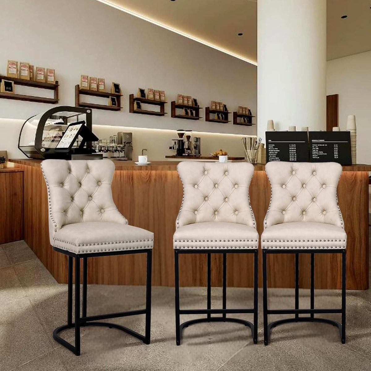 24 Inch Counter Height Bar Stools Beige With Back Faux Leather