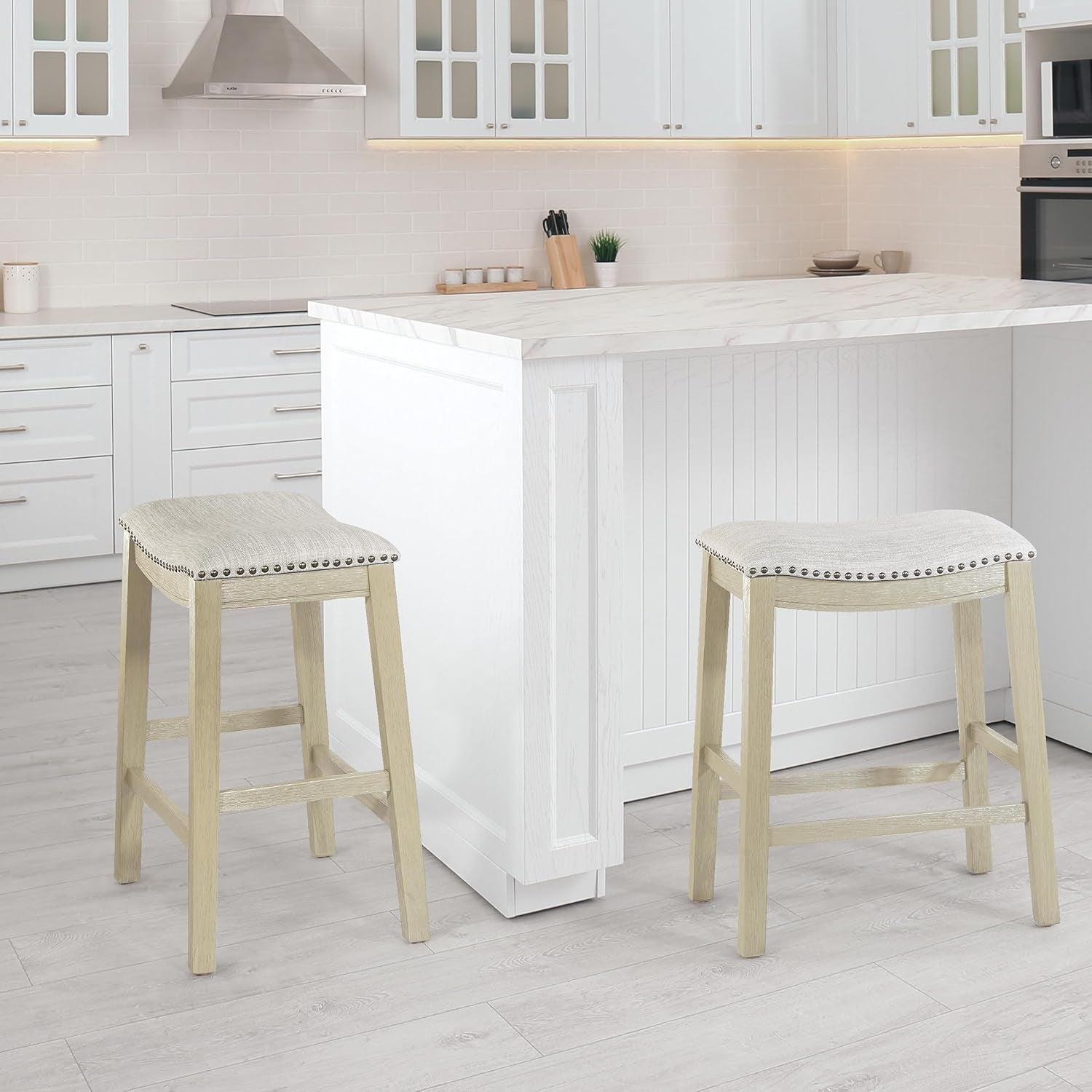 24 Inch Counter Height Saddle Stool 2 Pack Beige Fabric Nailhead Trim