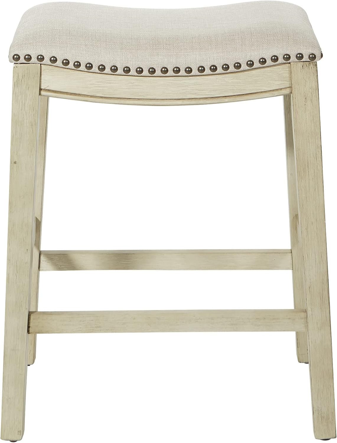 24 Inch Counter Height Saddle Stool 2 Pack Beige Fabric Nailhead Trim