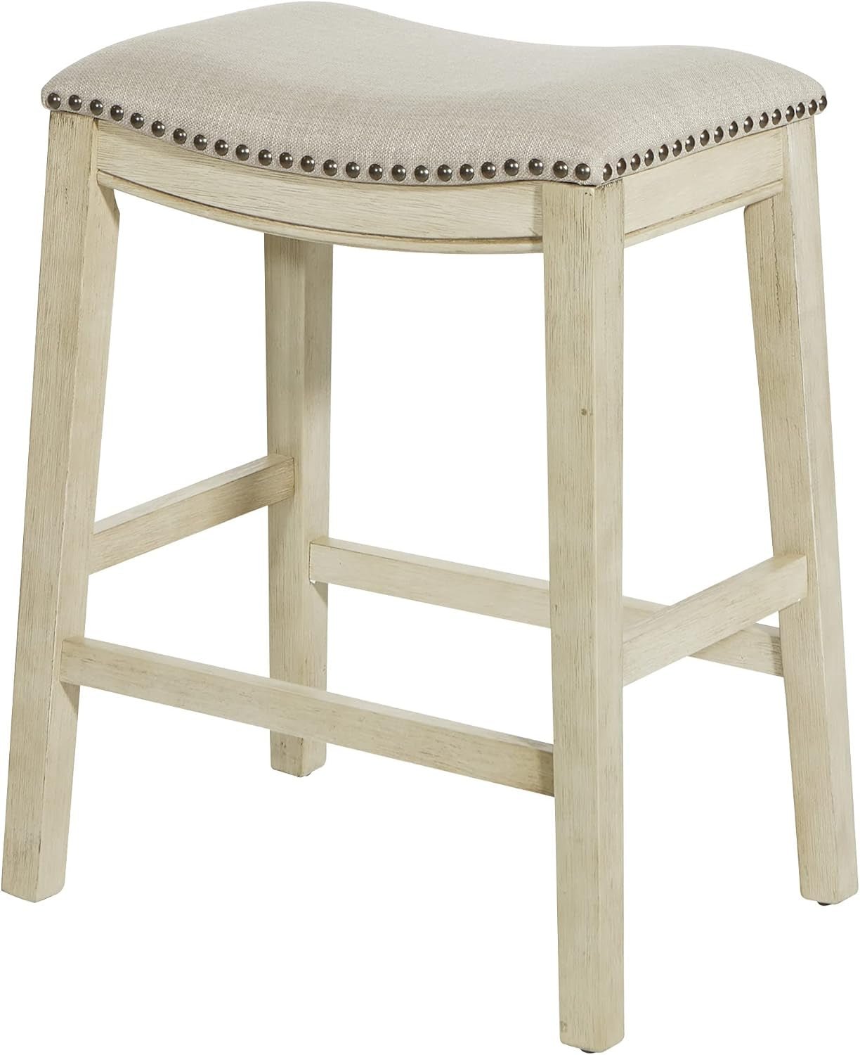 24 Inch Counter Height Saddle Stool 2 Pack Beige Fabric Nailhead Trim