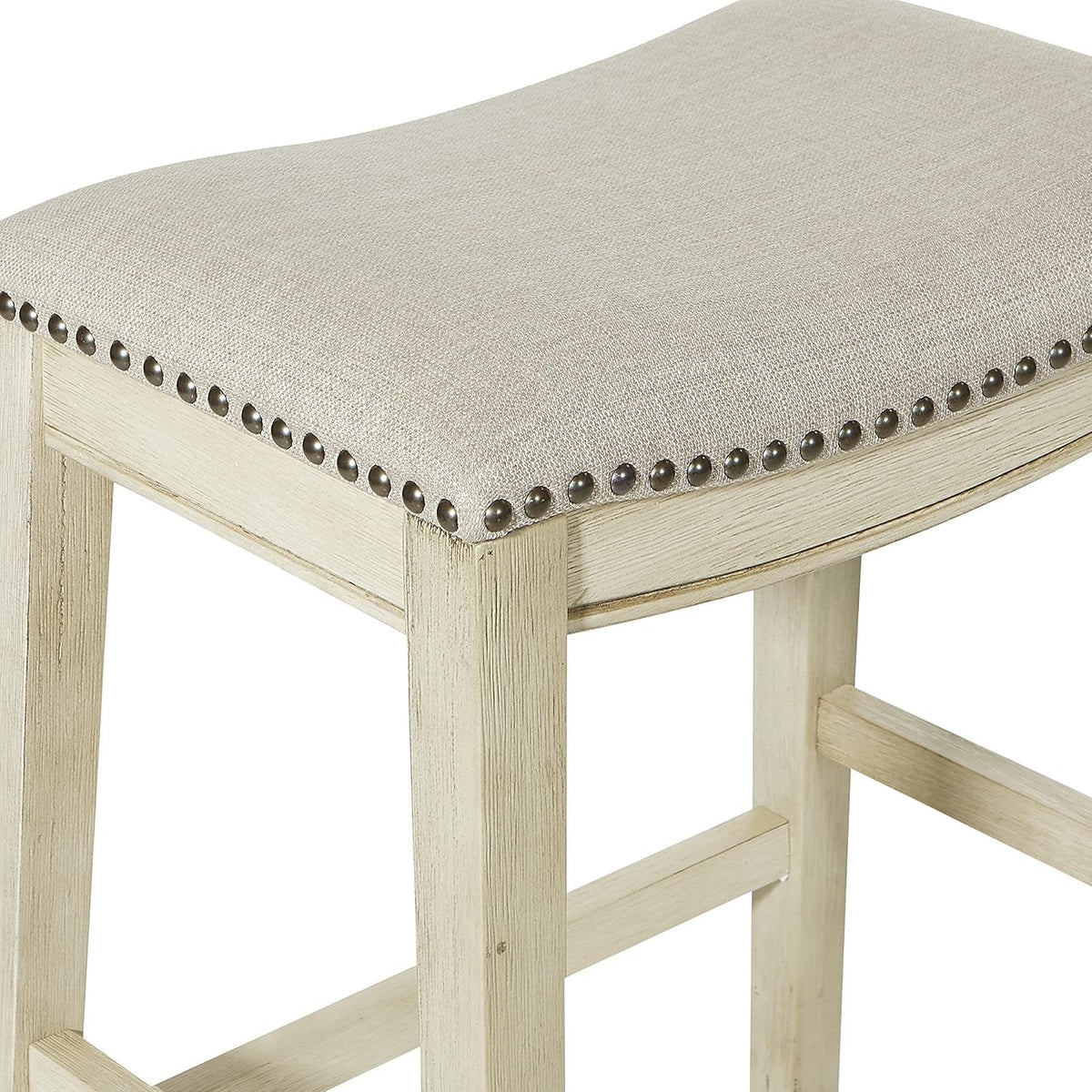 24 Inch Counter Height Saddle Stool 2 Pack Beige Fabric Nailhead Trim