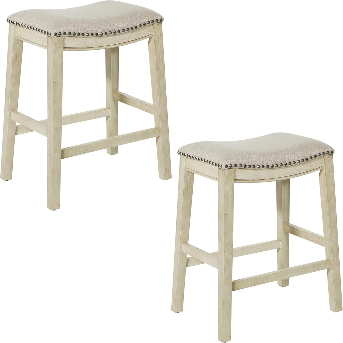 24 Inch Counter Height Saddle Stool 2 Pack Beige Fabric Nailhead Trim