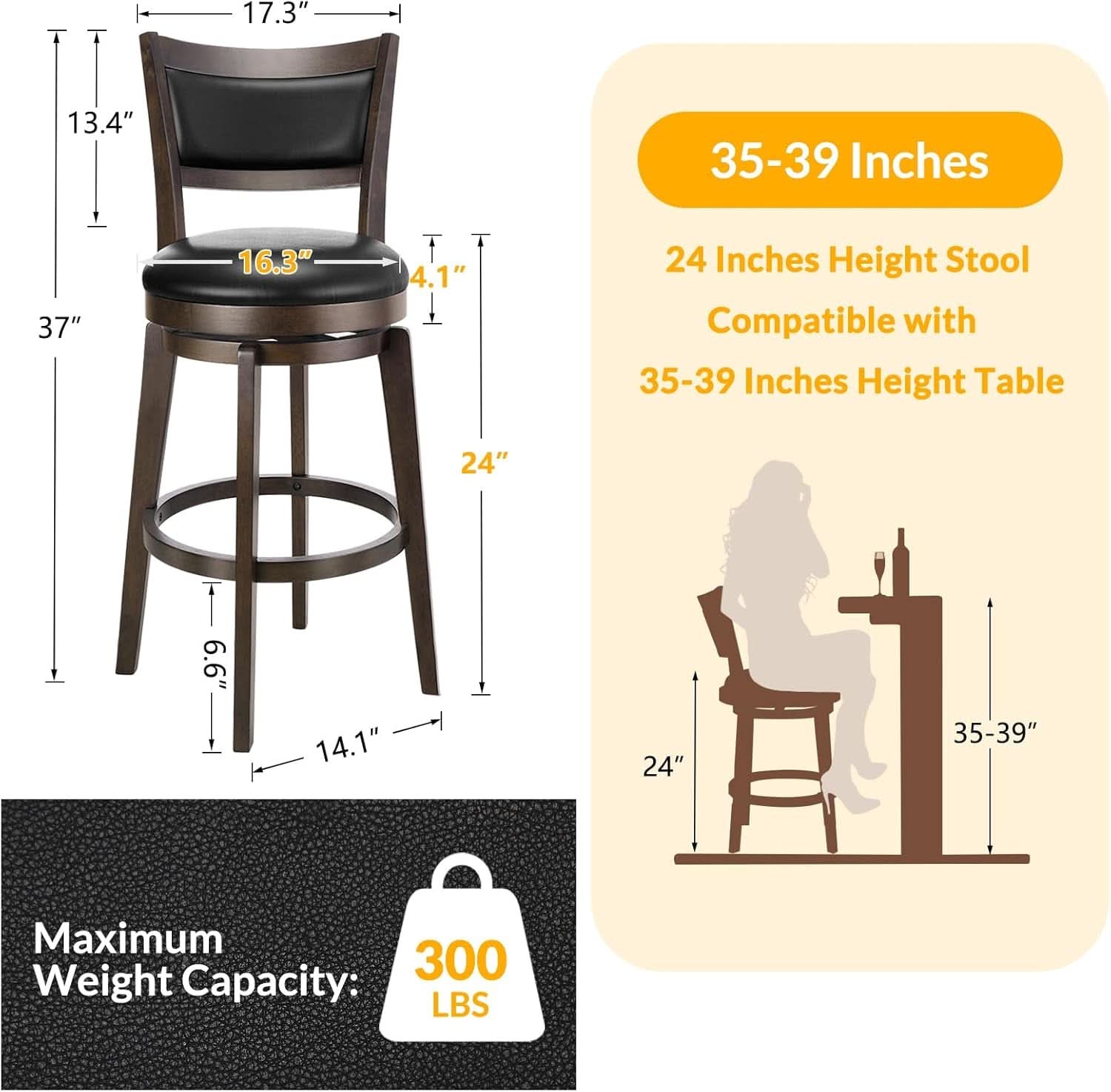 24 Inch Counter Height Swivel Bar Stools Black Set Of 2