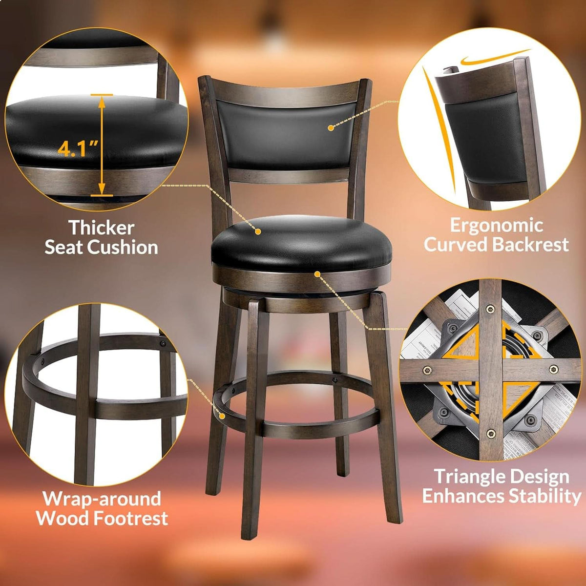 24 Inch Counter Height Swivel Bar Stools Black Set Of 2