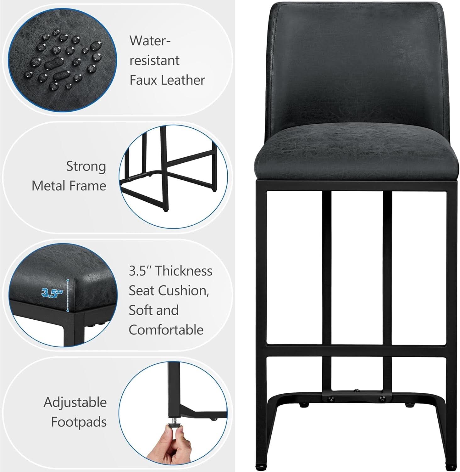24 Inch Dark Gray Leather Counter Height Bar Stools Set 2