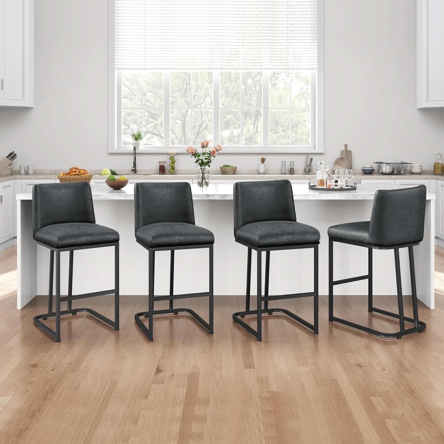 24 Inch Dark Gray Leather Counter Height Bar Stools Set 2