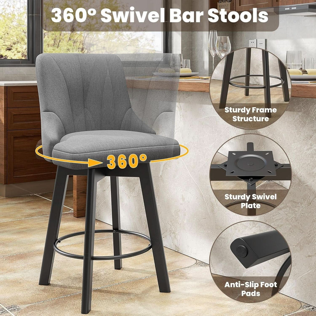 24 Inch Dark Gray Swivel Bar Stools With Backs Set Of 2
