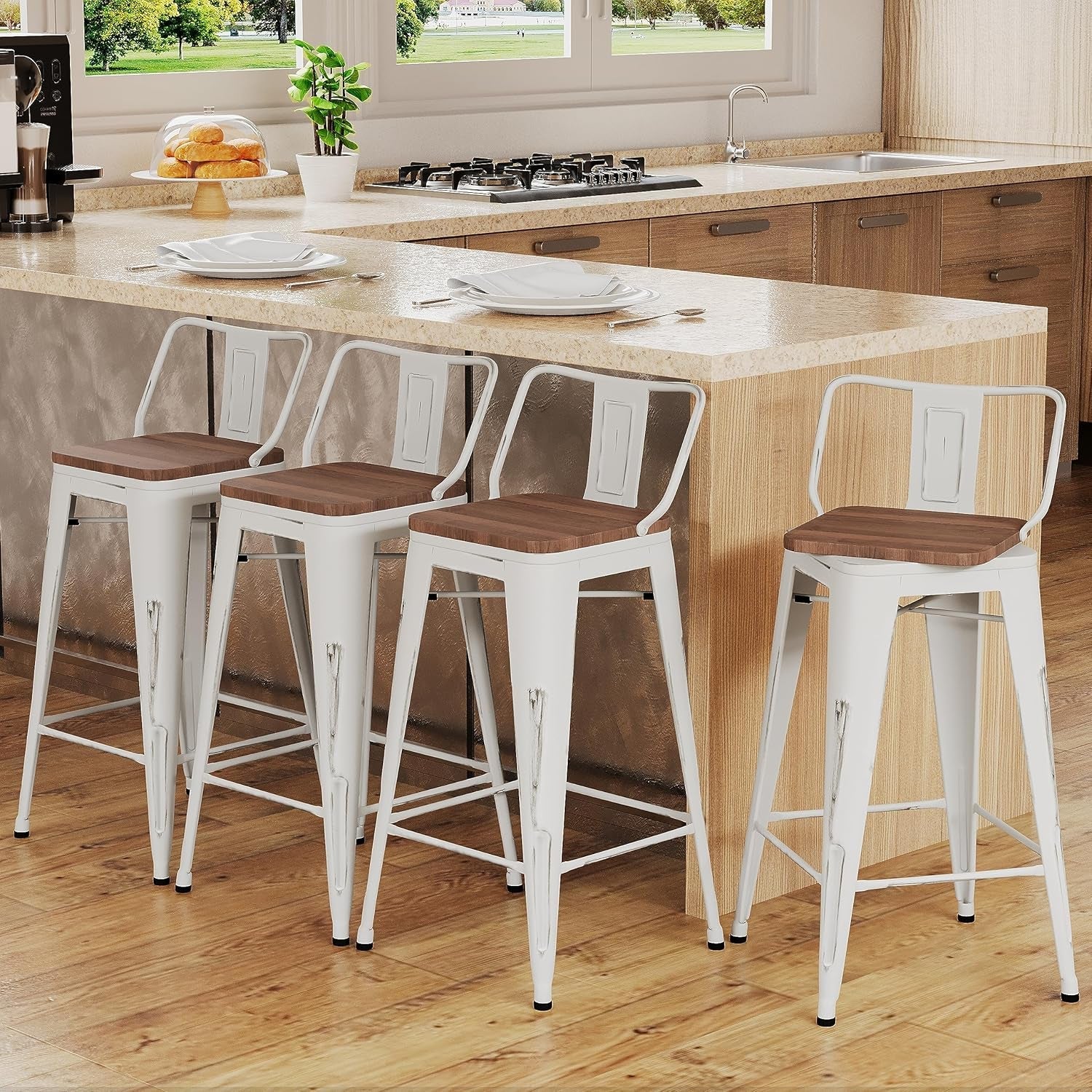 24 Inch Distressed White Industrial Swivel Metal Bar Stools Set Of 4 Counter Height