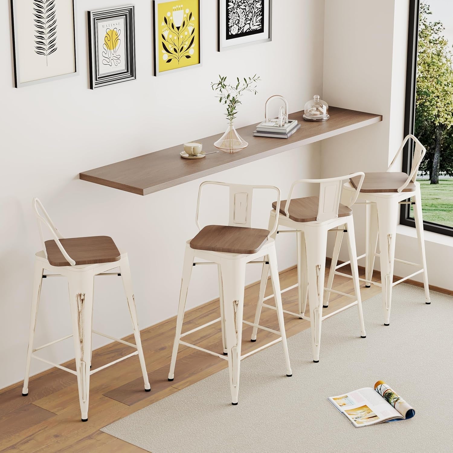 24 Inch Distressed White Industrial Swivel Metal Bar Stools Set Of 4 Counter Height
