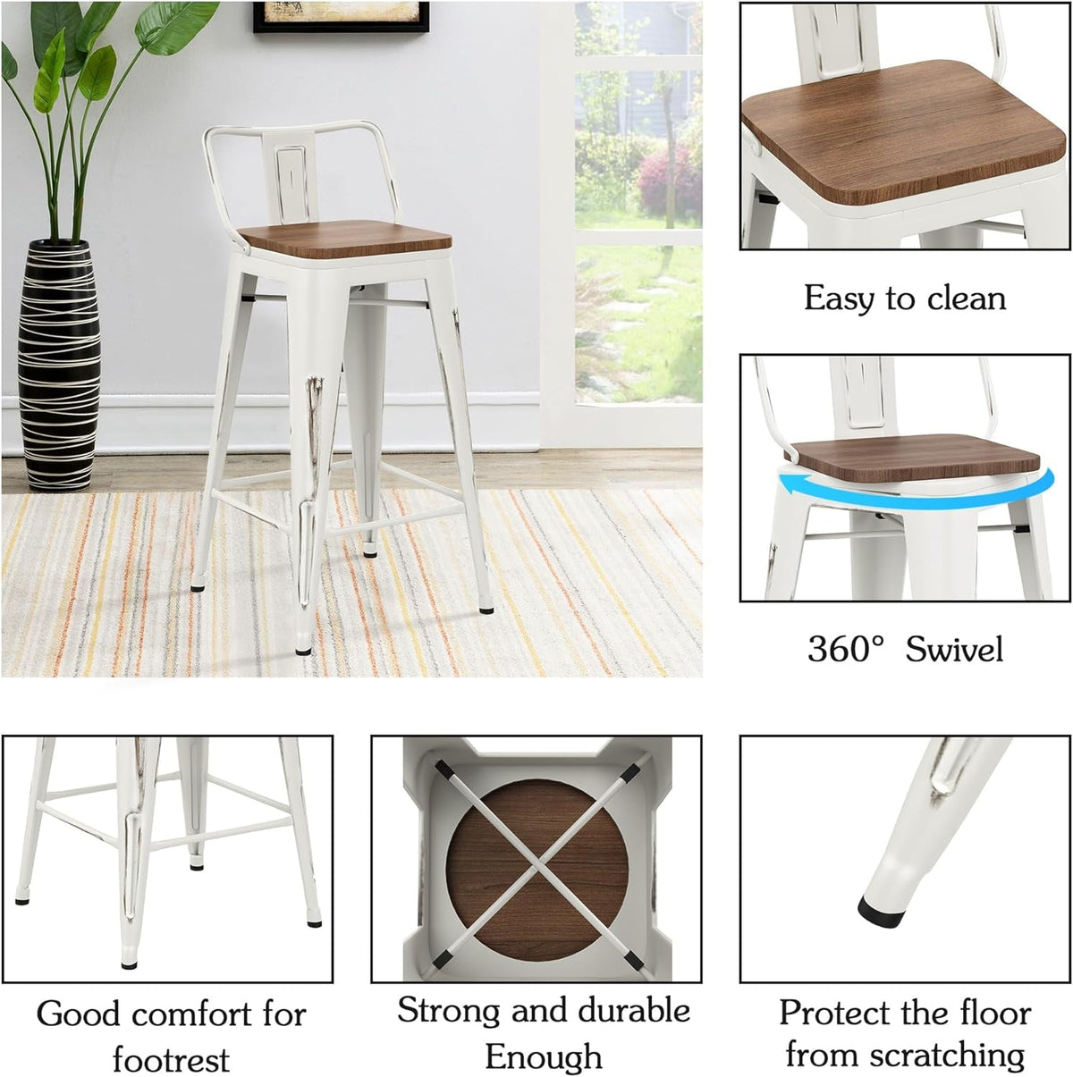 24 Inch Distressed White Industrial Swivel Metal Bar Stools Set Of 4 Counter Height