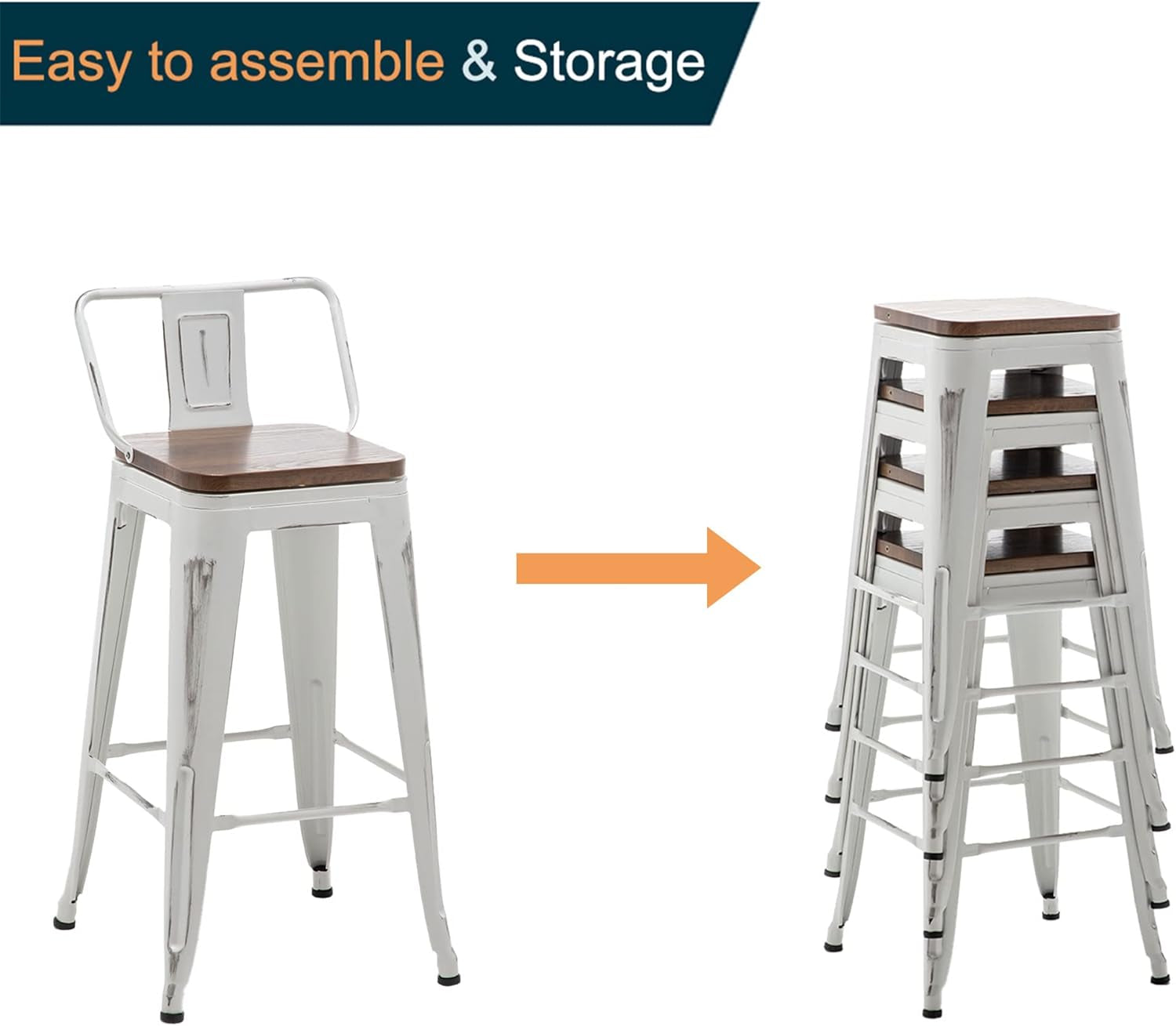 24 Inch Distressed White Industrial Swivel Metal Bar Stools Set Of 4 Counter Height