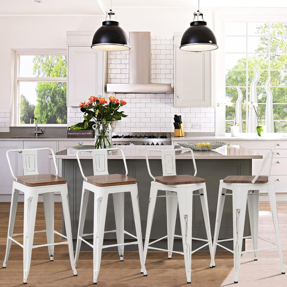 24 Inch Distressed White Industrial Swivel Metal Bar Stools Set Of 4 Counter Height
