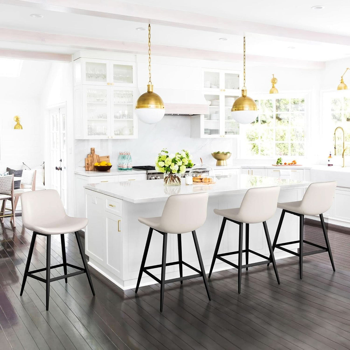 24 Inch Faux Leather Bar Stool Set of 3 With Back and Footrest, Antique White for Kitchen Island