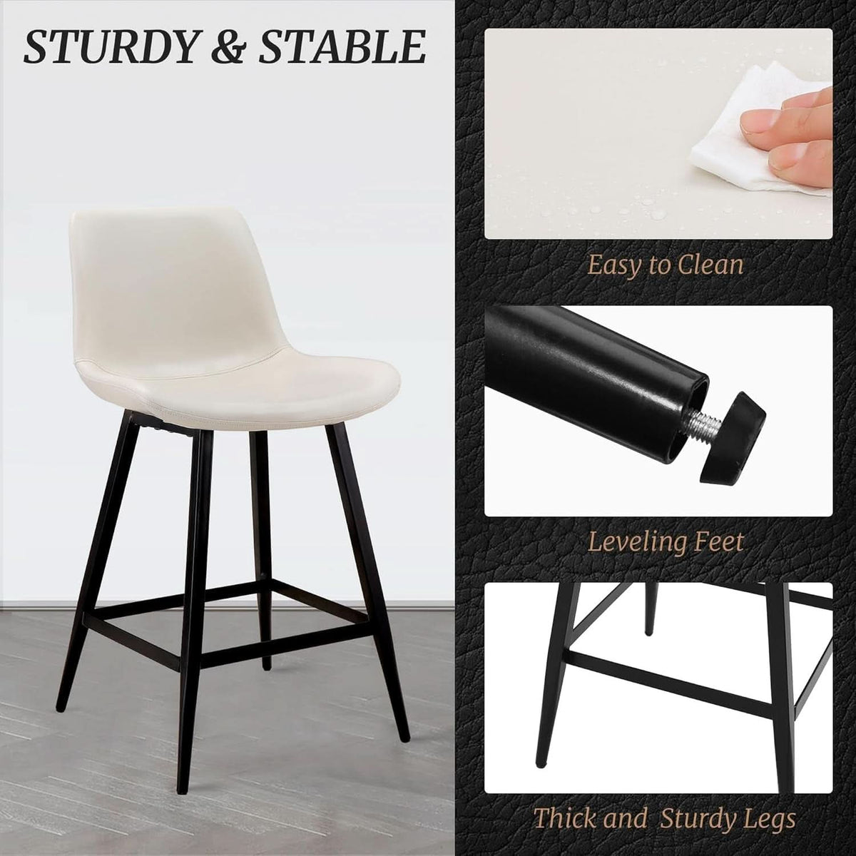 24 Inch Faux Leather Bar Stool Set of 3 With Back and Footrest, Antique White for Kitchen Island