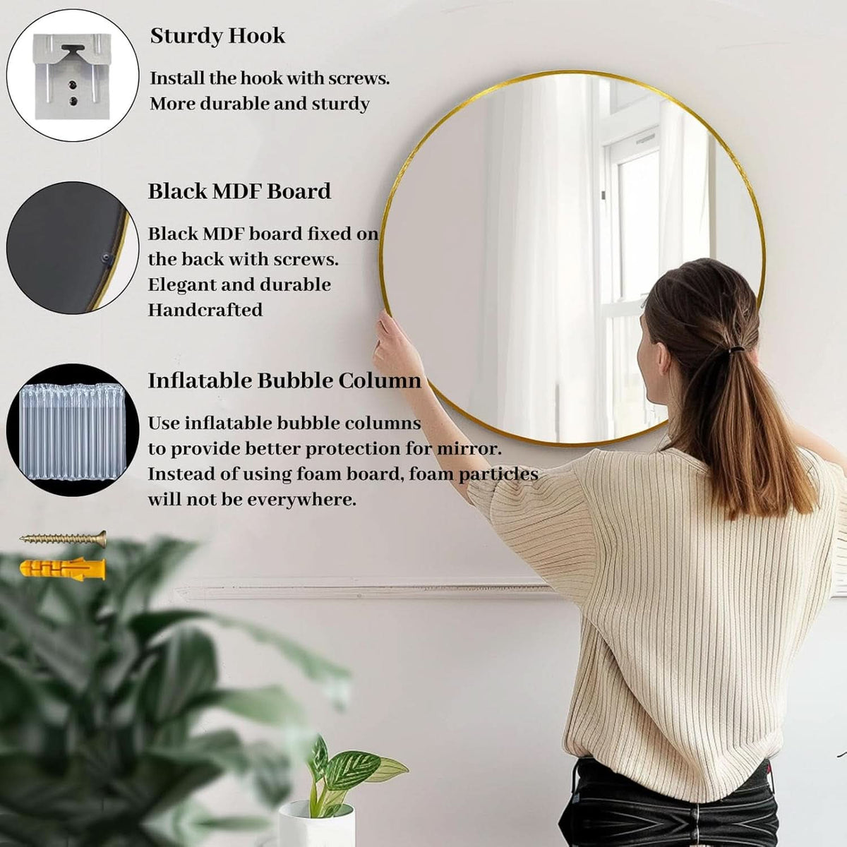 24 Inch Gold Round Mirror Shatterproof For Bathroom Hallway