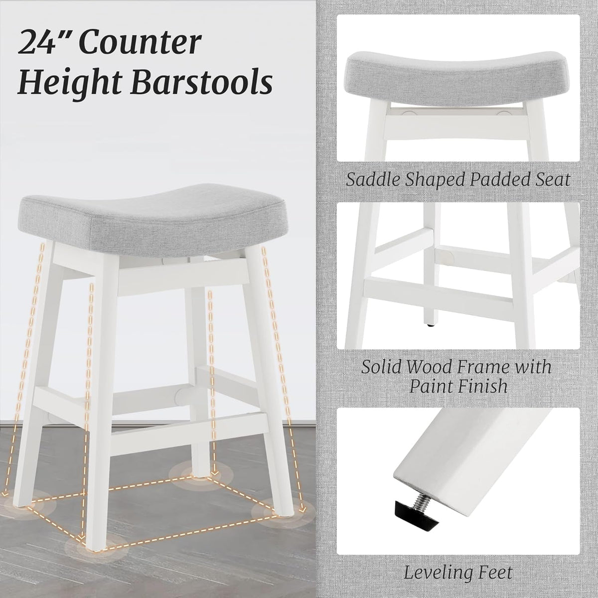 24 Inch Light Gray Farmhouse Bar Stools with Wood Legs, Set of 2