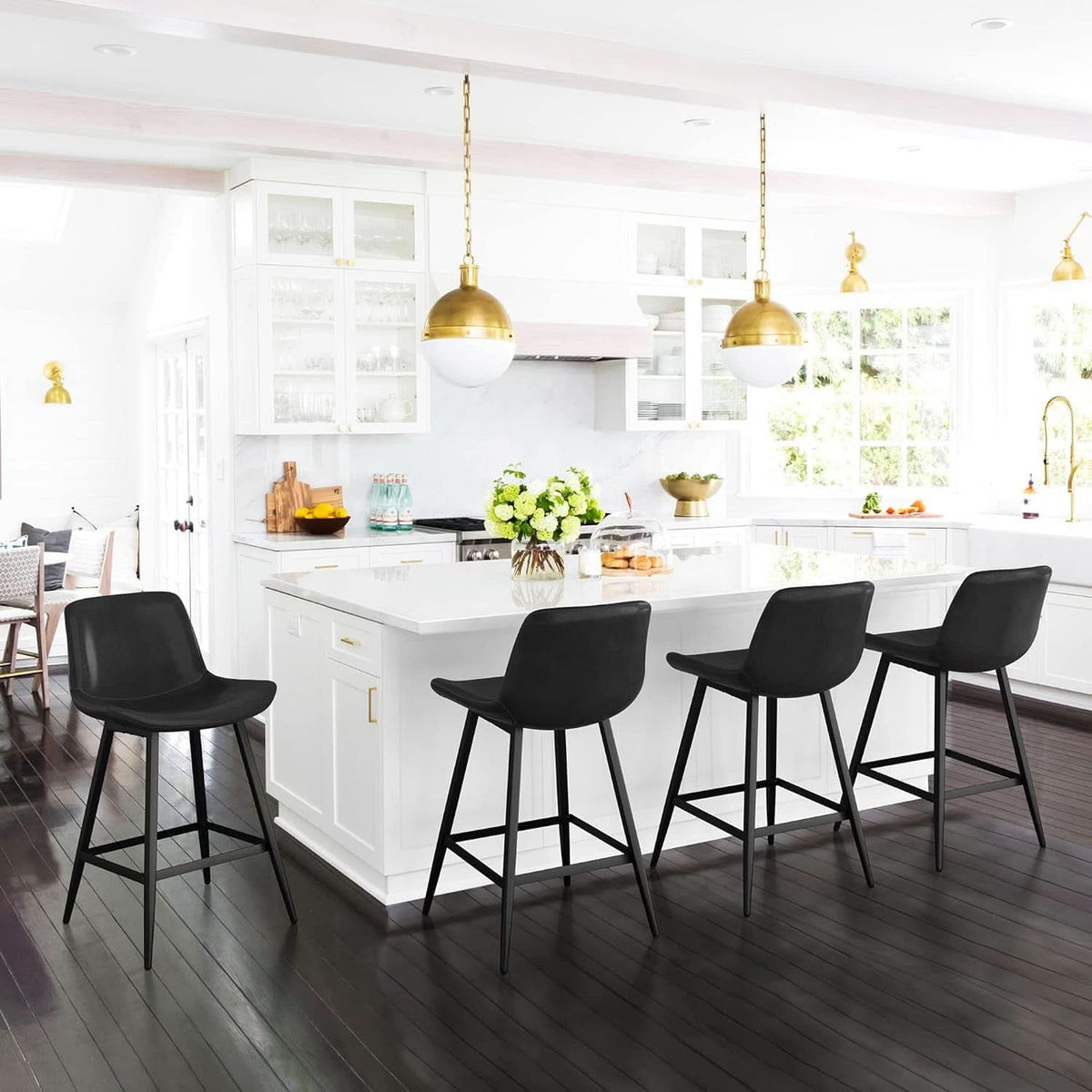 24 Inch Modern Bucket Bar Stool Set Of 3 With Back And Footrest In Faux Leather Black