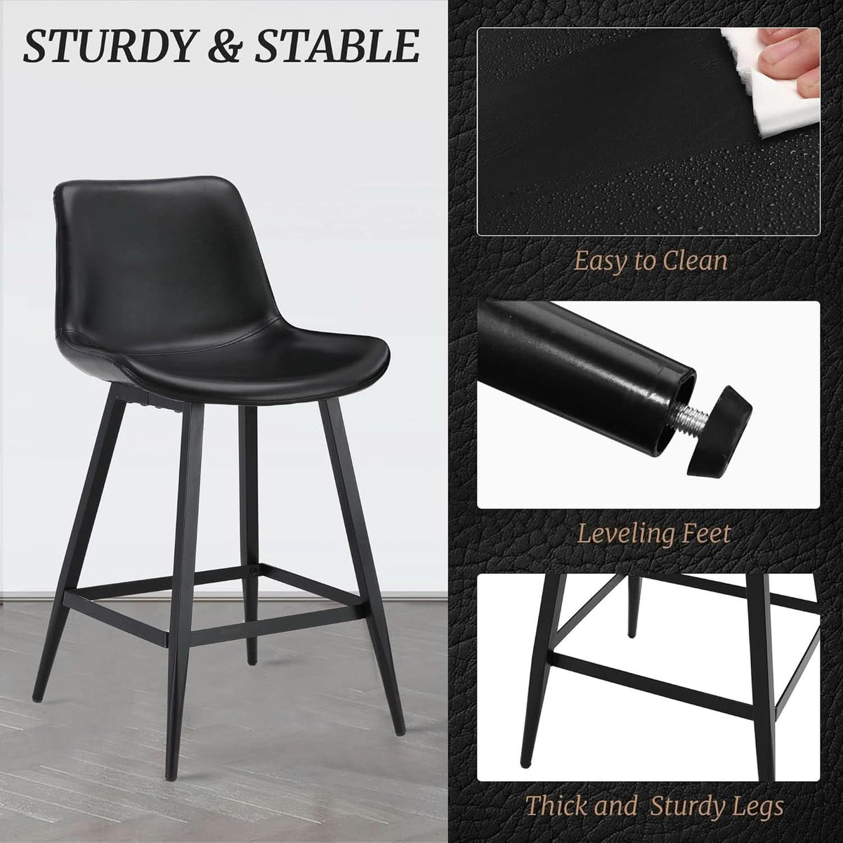 24 Inch Modern Bucket Bar Stool Set Of 3 With Back And Footrest In Faux Leather Black