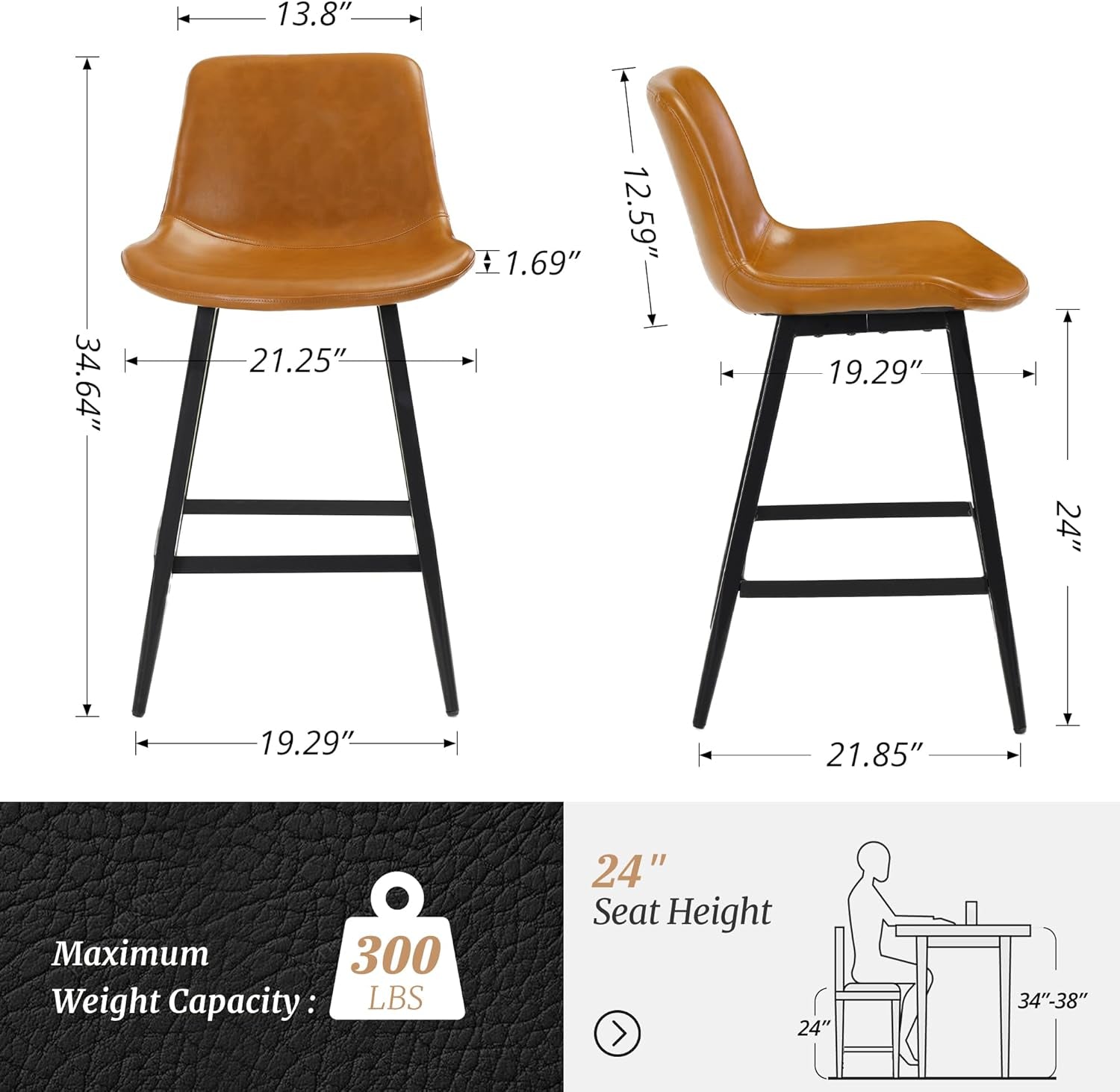24 Inch Modern Bucket Bar Stool With Back And Footrest Counter Height Kitchen Stool Whiskey Brown Set Of 2