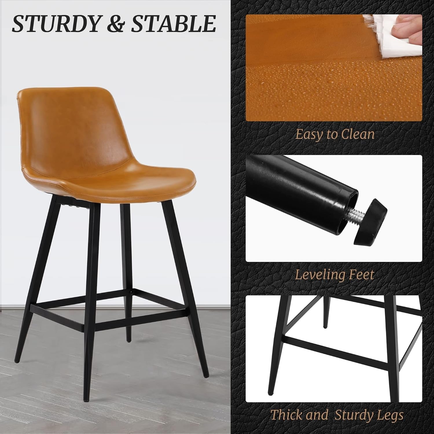 24 Inch Modern Bucket Bar Stool With Back And Footrest Counter Height Kitchen Stool Whiskey Brown Set Of 2