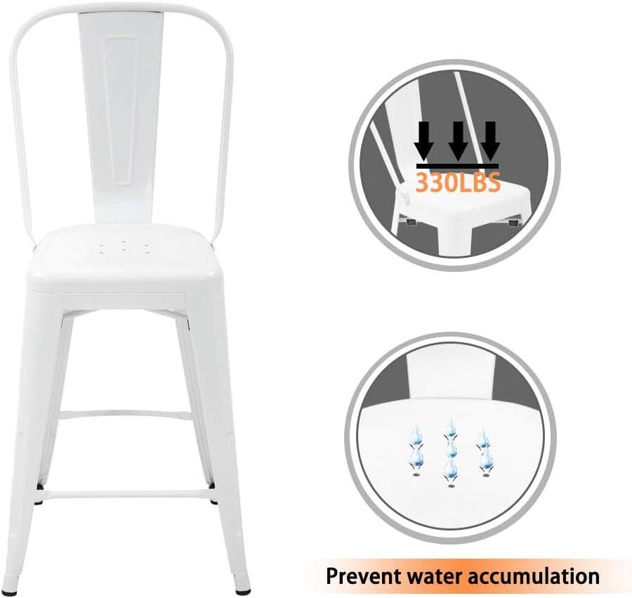 24 Inch Stackable Metal Bar Stool Set Of 4 With Backrest White Matte Finish For Kitchen Island Area