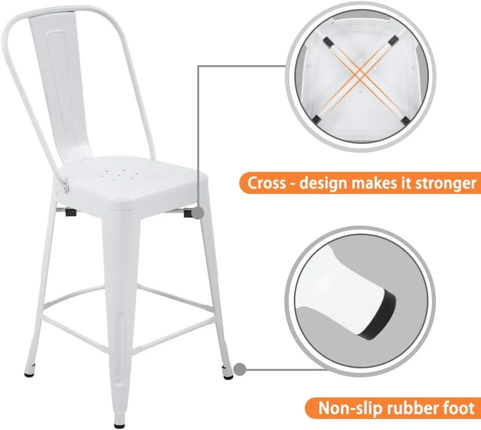 24 Inch Stackable Metal Bar Stool Set Of 4 With Backrest White Matte Finish For Kitchen Island Area