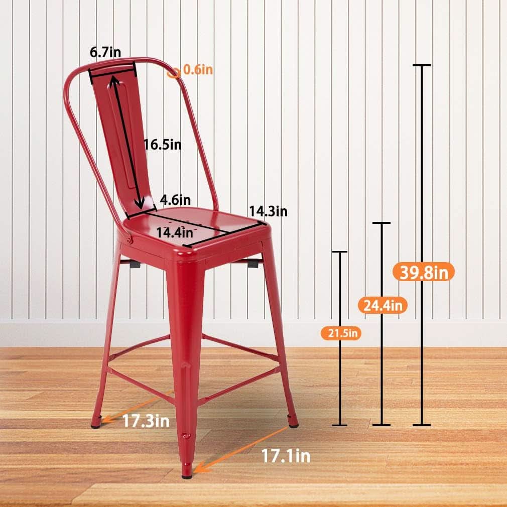 24 Inch Stackable Metal Bar Stools Set Of 4 For Indoor Outdoor Use With Backrest