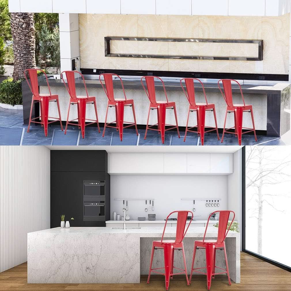 24 Inch Stackable Metal Bar Stools Set Of 4 For Indoor Outdoor Use With Backrest