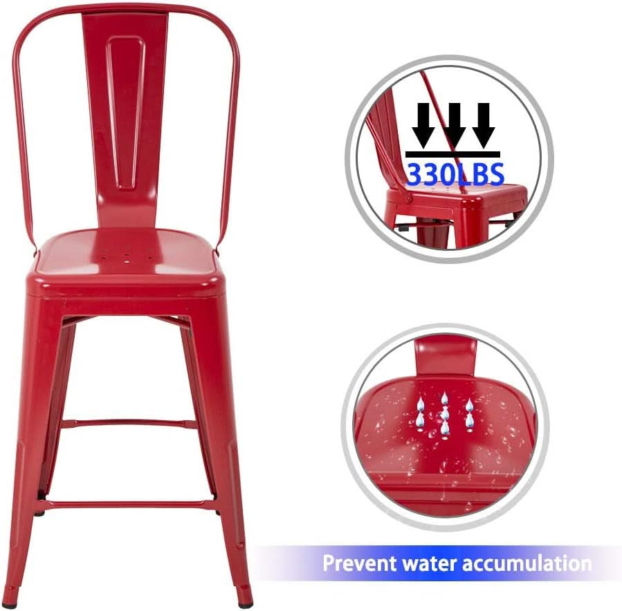 24 Inch Stackable Metal Bar Stools Set Of 4 For Indoor Outdoor Use With Backrest