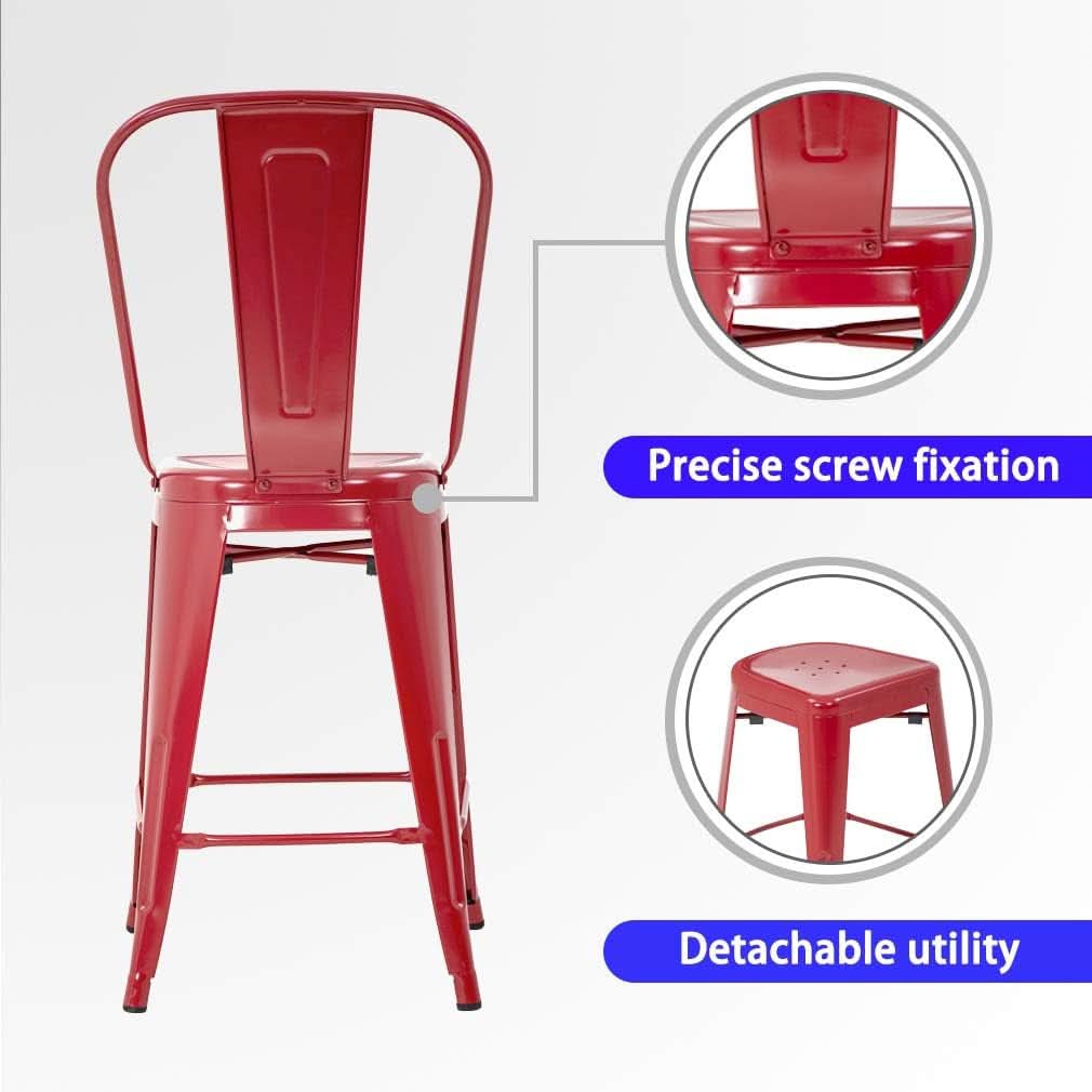 24 Inch Stackable Metal Bar Stools Set Of 4 For Indoor Outdoor Use With Backrest