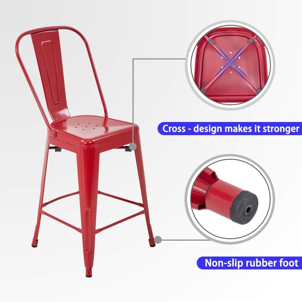 24 Inch Stackable Metal Bar Stools Set Of 4 For Indoor Outdoor Use With Backrest