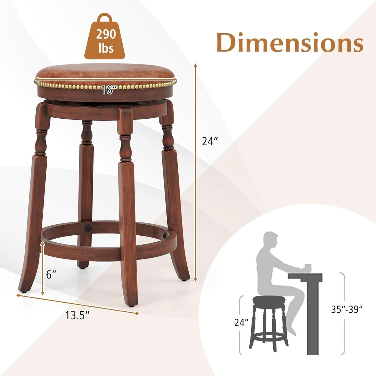 24 Inch Swivel Bar Stool Set Of 2 With Upholstered Seat And Rubber Wood Frame For Kitchen Island