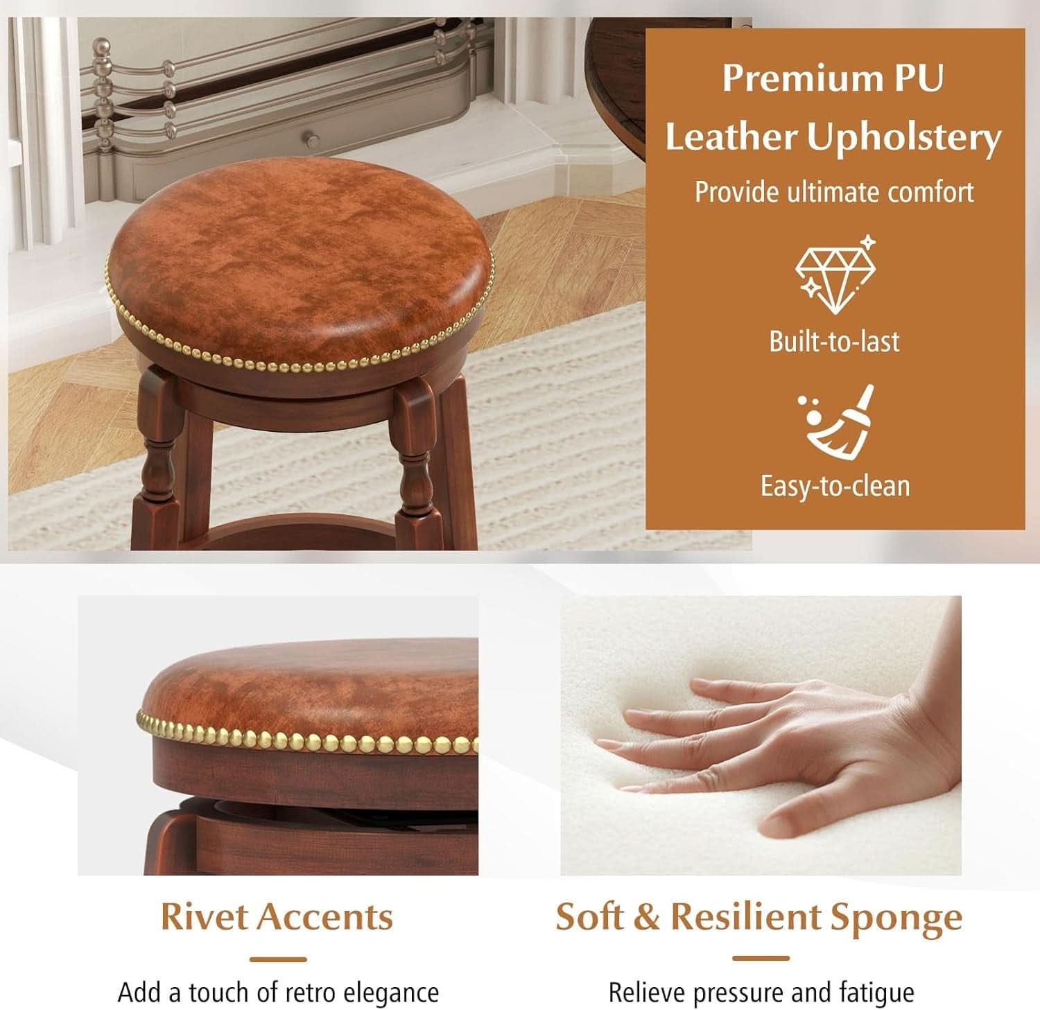 24 Inch Swivel Bar Stool Set Of 2 With Upholstered Seat And Rubber Wood Frame For Kitchen Island