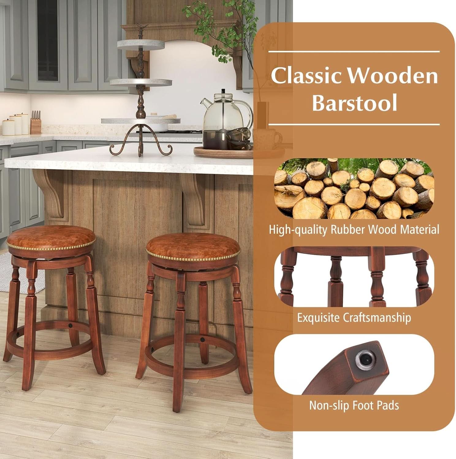 24 Inch Swivel Bar Stool Set Of 2 With Upholstered Seat And Rubber Wood Frame For Kitchen Island