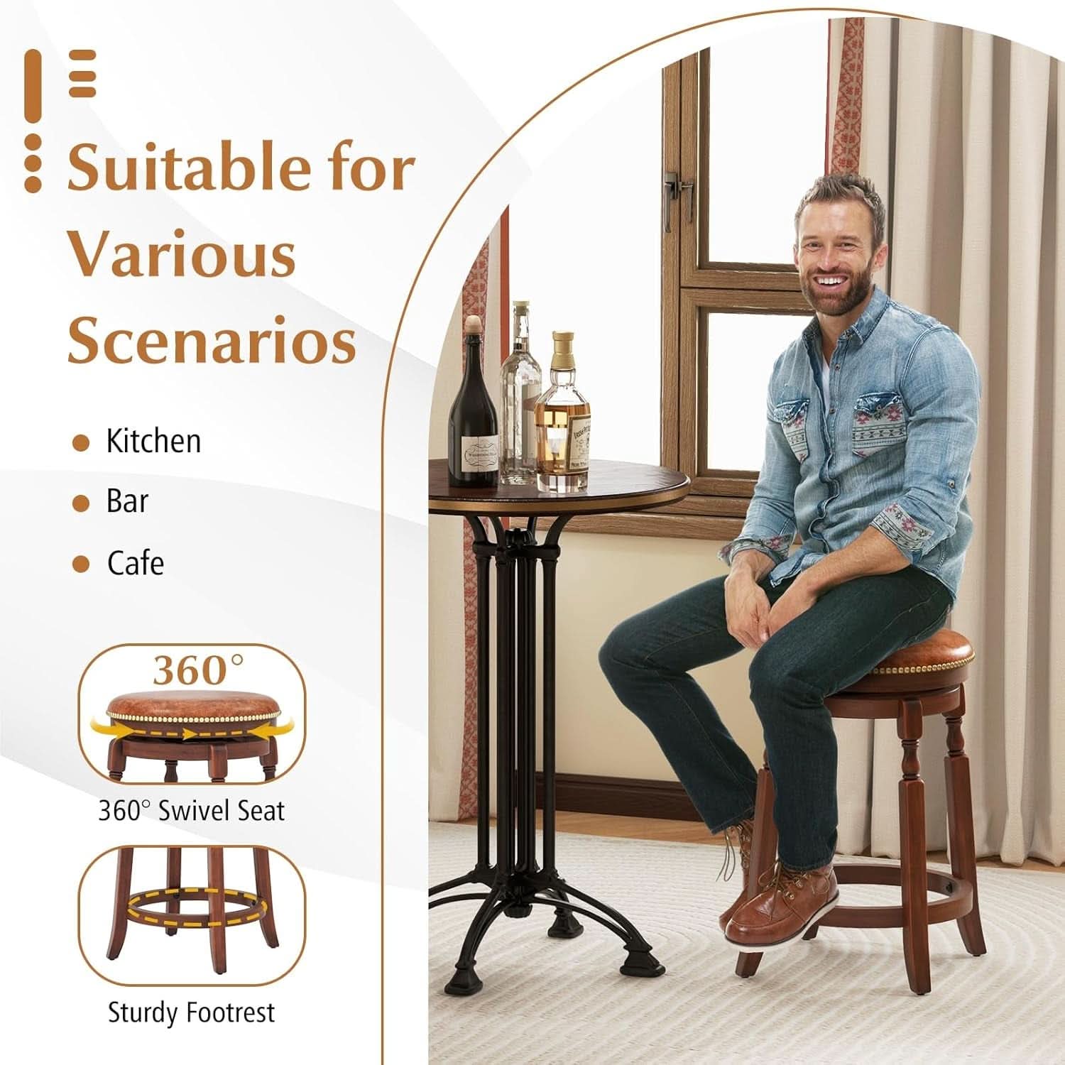 24 Inch Swivel Bar Stool Set Of 2 With Upholstered Seat And Rubber Wood Frame For Kitchen Island