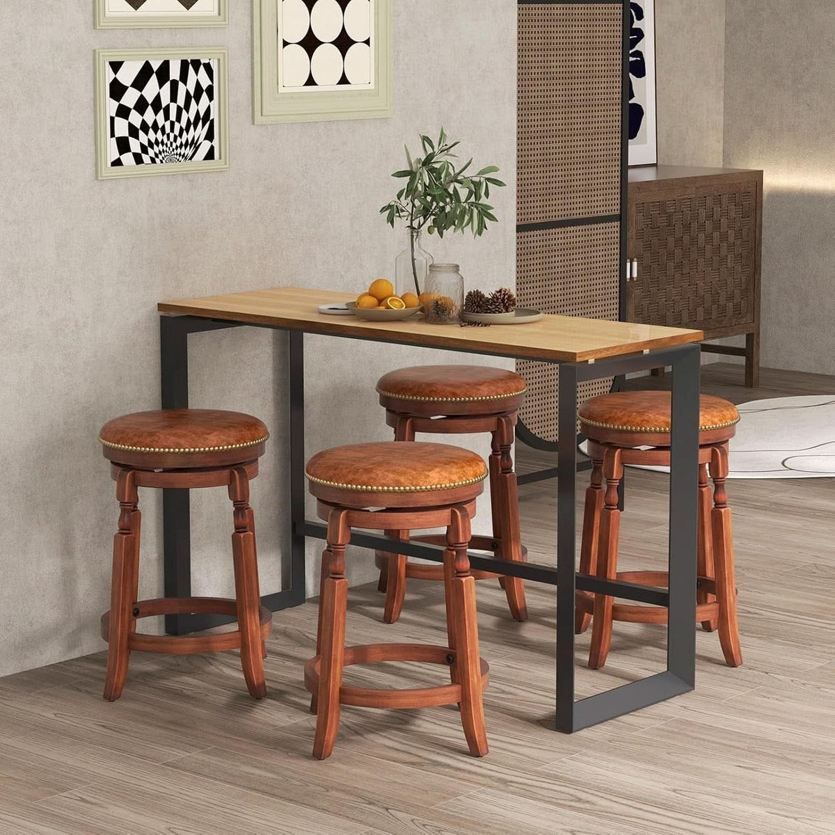 24 Inch Swivel Bar Stool Set Of 2 With Upholstered Seat And Rubber Wood Frame For Kitchen Island
