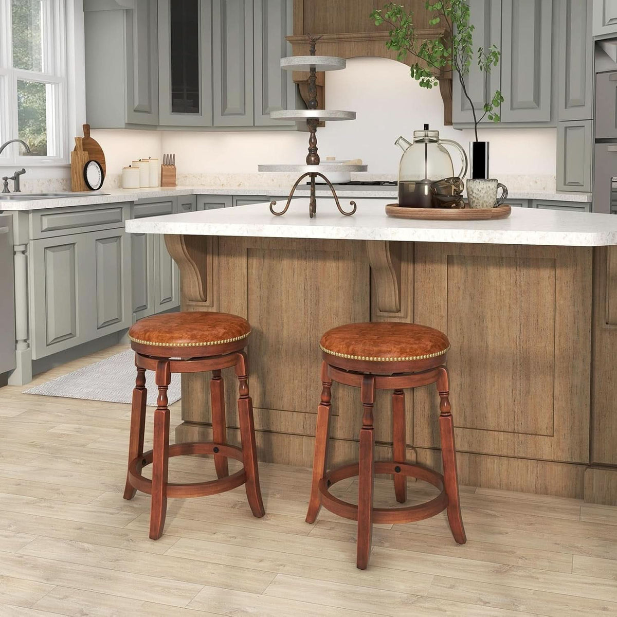 24 Inch Swivel Bar Stool Set Of 2 With Upholstered Seat And Rubber Wood Frame For Kitchen Island