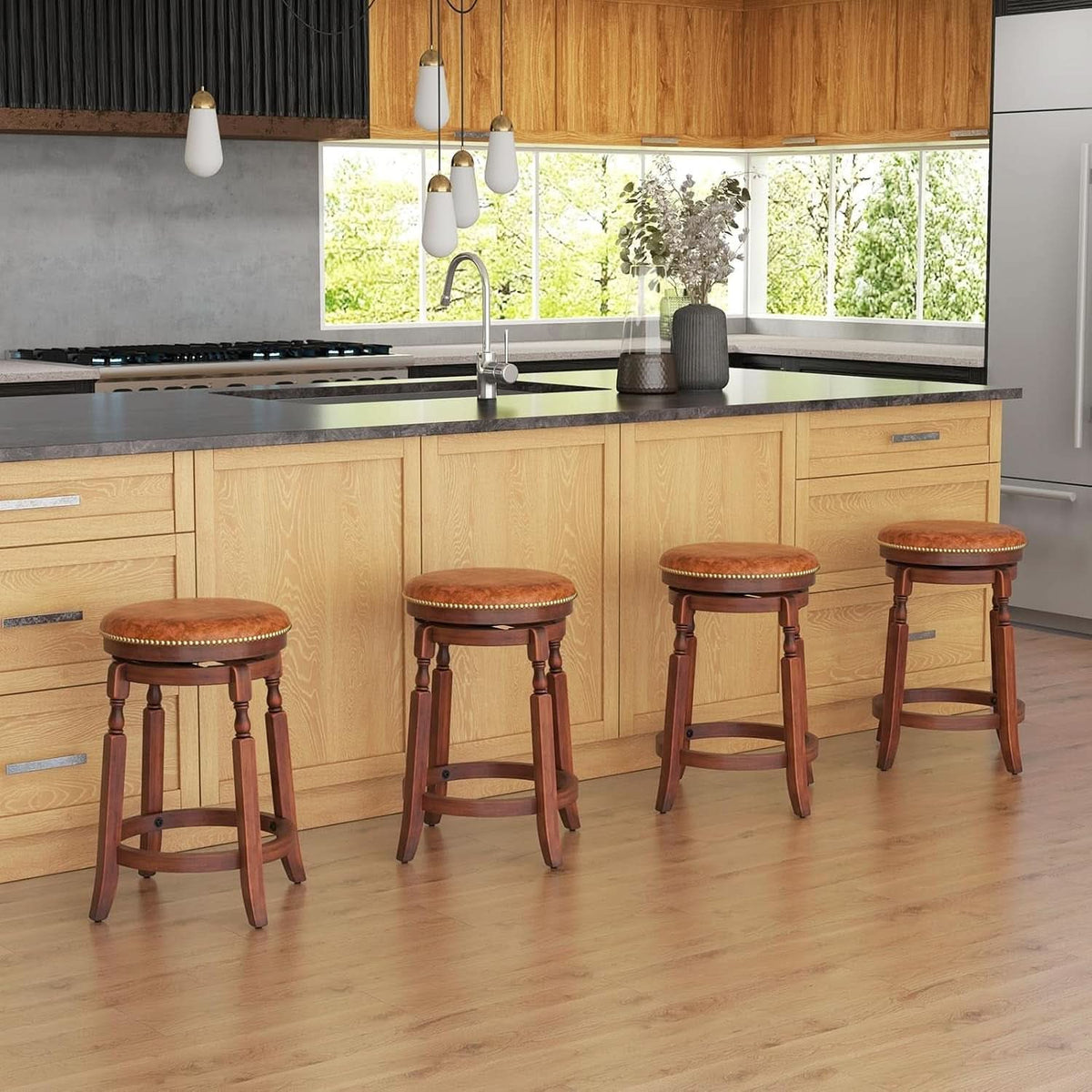 24 Inch Swivel Bar Stool Set Of 2 With Upholstered Seat And Rubber Wood Frame For Kitchen Island