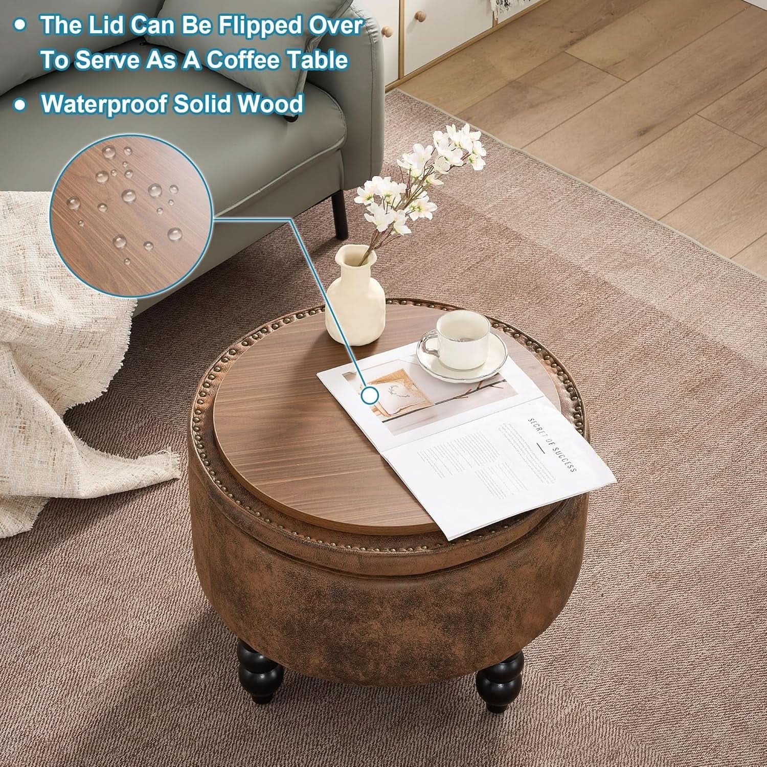 24 Inch Upholstered Storage Ottoman Featuring Tray