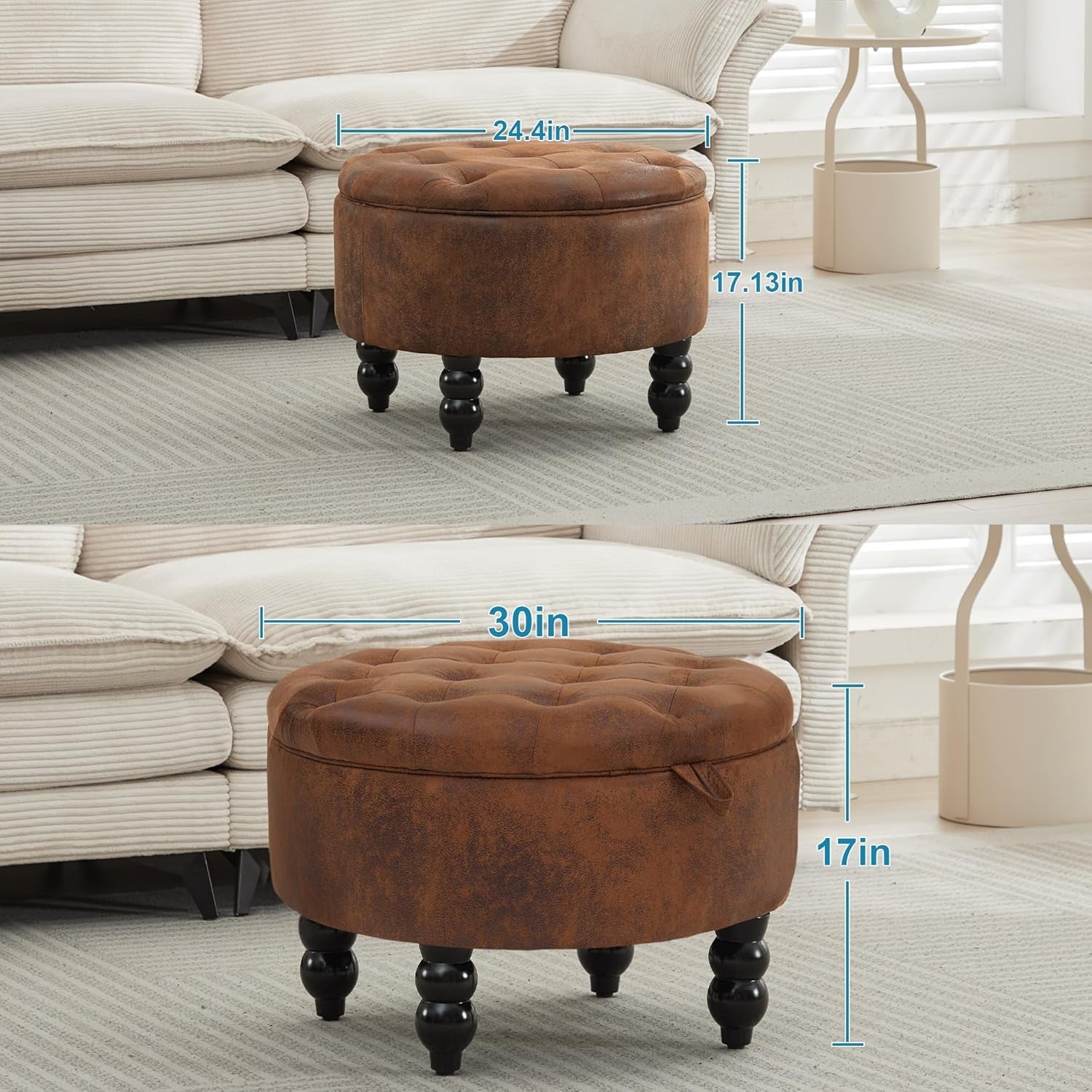 24 Inch Upholstered Storage Ottoman Featuring Tray