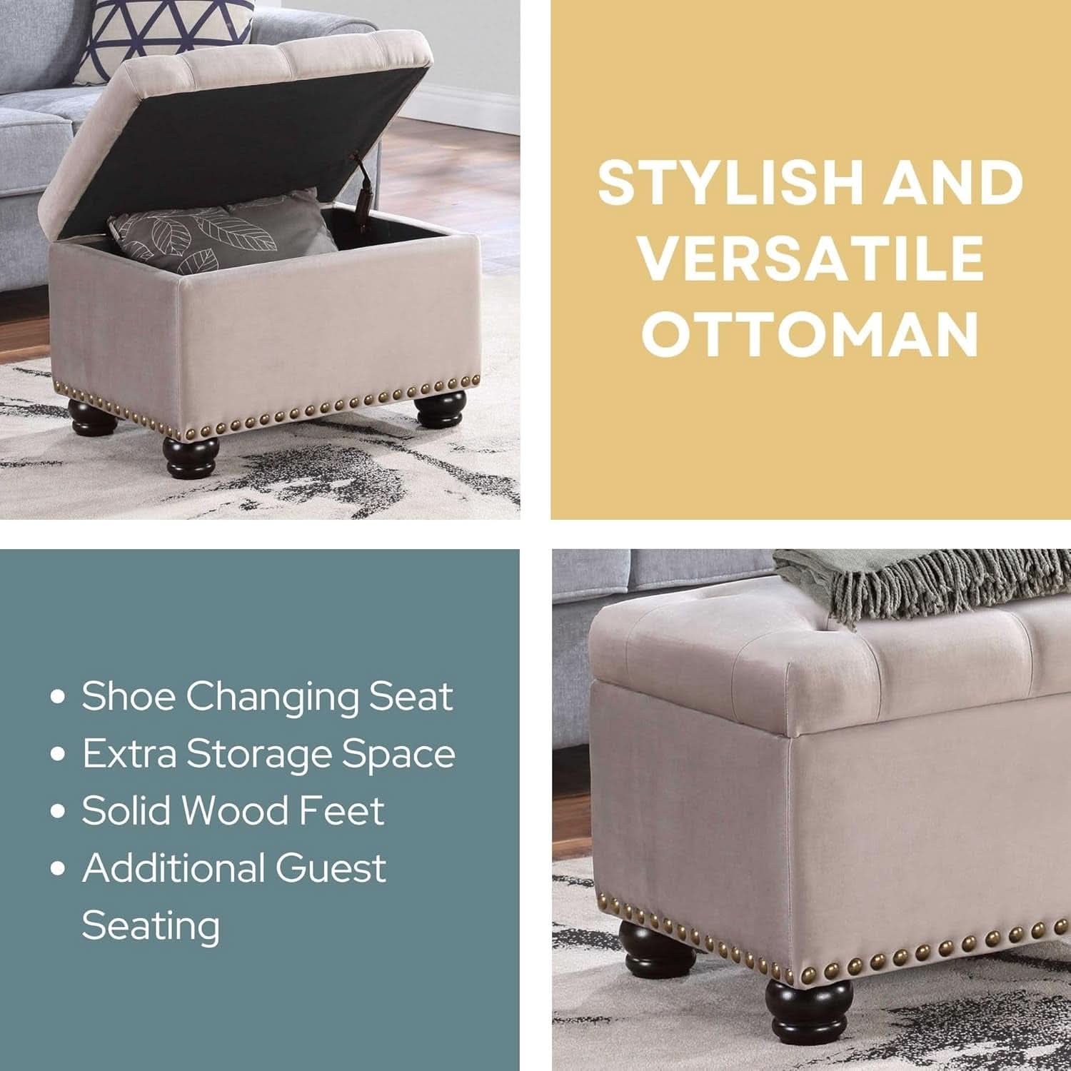 24 Inch Velvet Textured Light Taupe Storage Ottoman