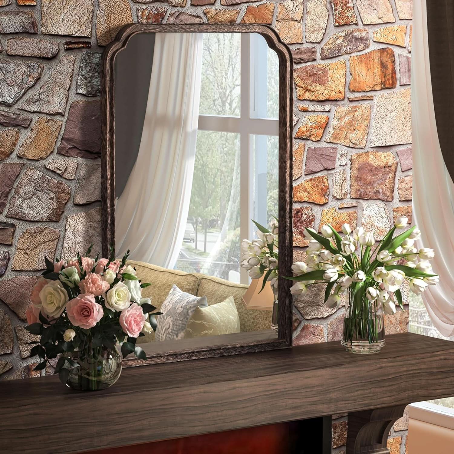 24 X 36 Solid Wood Bathroom Mirror Rustic Brown Frame For Living Room Bedroom Vanity