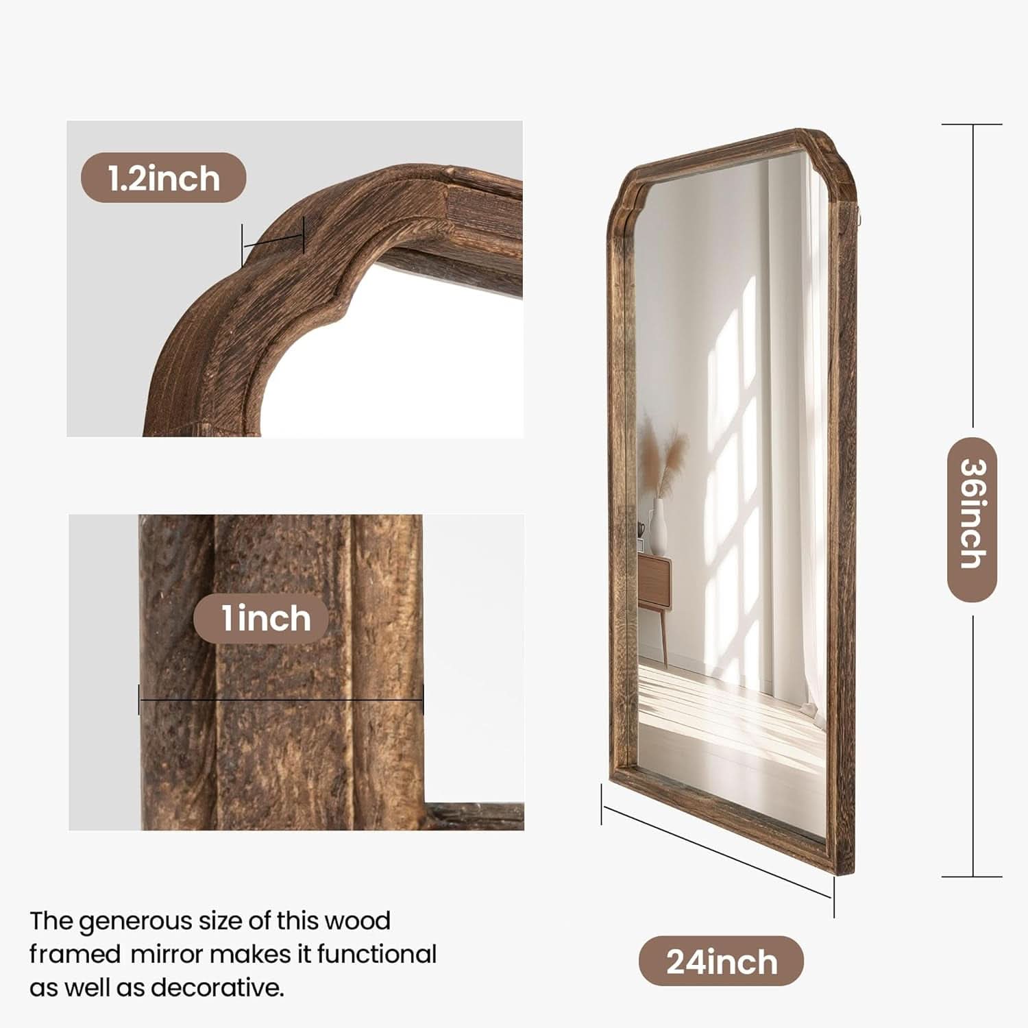 24 X 36 Solid Wood Bathroom Mirror Rustic Brown Frame For Living Room Bedroom Vanity