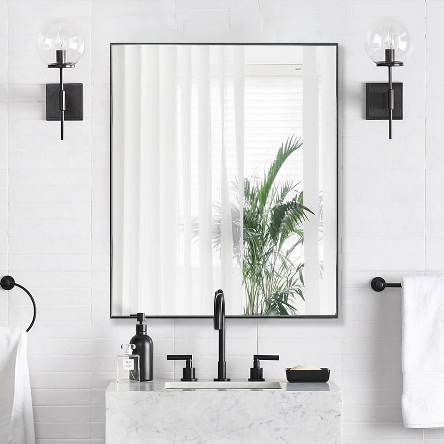 24X32 Inch Black Aluminum Frame Wall Mirror For Bathroom Vanity Horizontal Or Vertical Mount