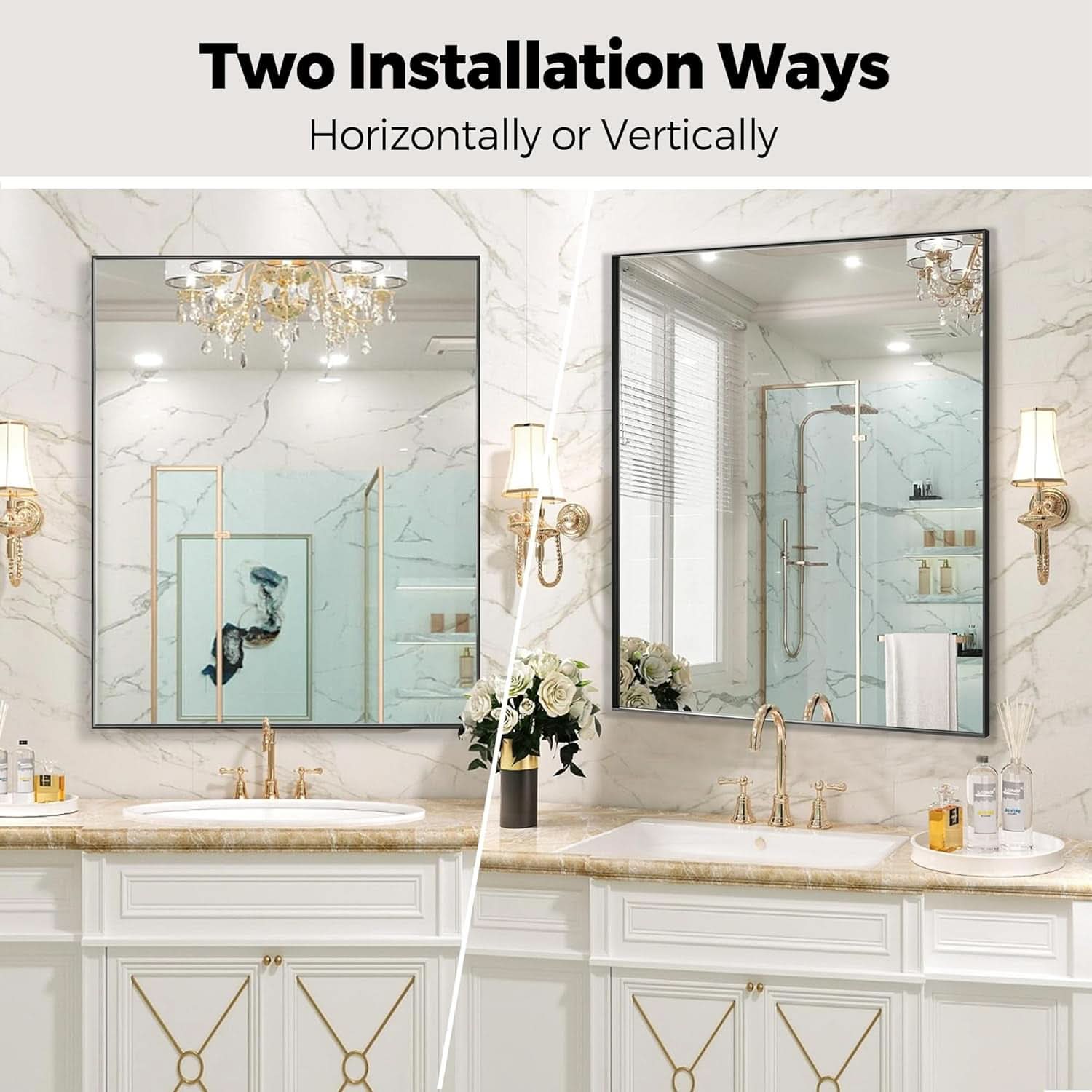 24X32 Inch Black Aluminum Frame Wall Mirror For Bathroom Vanity Horizontal Or Vertical Mount