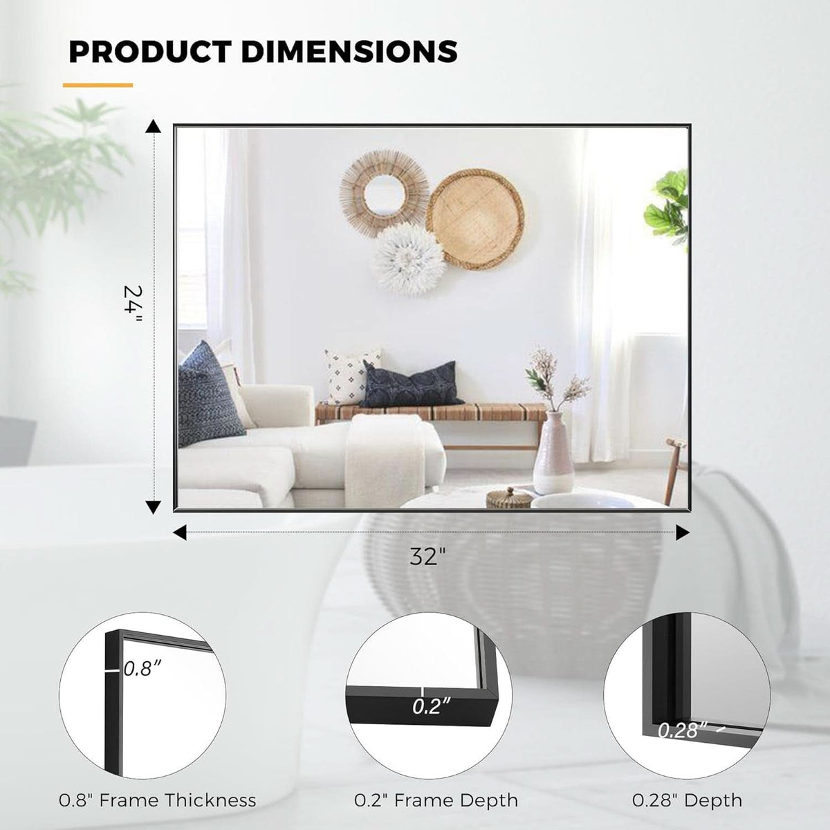 24X32 Inch Black Aluminum Frame Wall Mirror For Bathroom Vanity Horizontal Or Vertical Mount